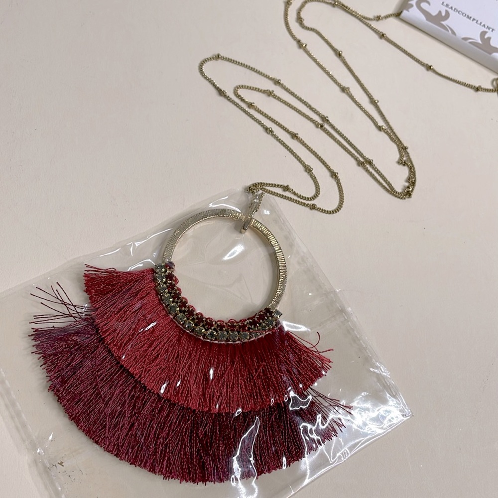 Maroon Layered Thread Tassel Gold Tone Costume 33” Necklace NIP